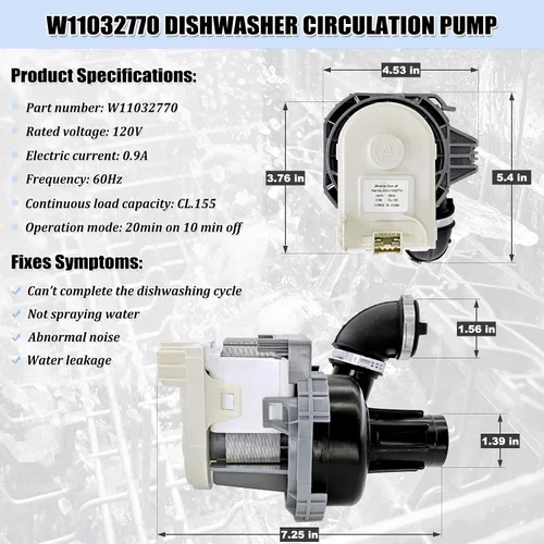 Vista 2 de Conjunto del motor de la bomba de circulación del lavavajillas W11032770, piezas de recambio WPW10529163 WPW10529163 W10885542 W10864037 W10816492