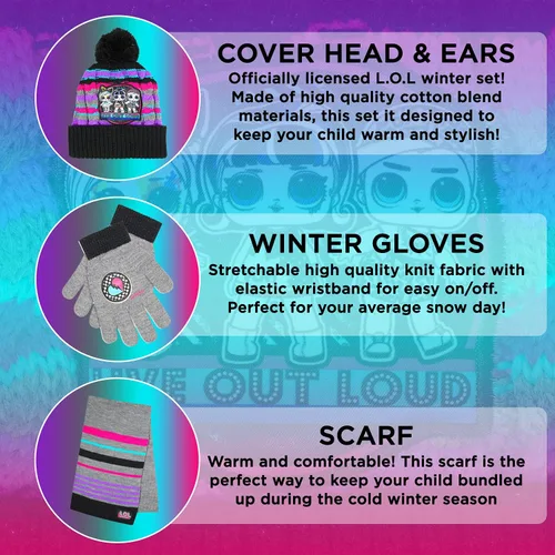 Vista 2 de LOL Surprise - Conjunto de sombrero y guante de invierno para niñas y niños pequeños sombrero de invierno con bufanda y sombrero y guante para niños