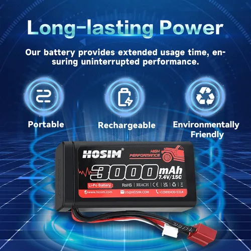 Vista 2 de Hosim 2 baterías Lipo RC Lipo de 7.4 V 15C 3000 mAh con 2 cargadores USB y 1 correa de batería para control remoto de coche RC sin escobillas
