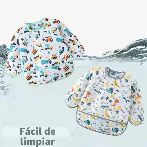 Vista 3 de Paquete de 5 baberos de manga larga, baberos impermeables para bebés de 6 a 30 meses, reutilizables, con bolsillo para todo