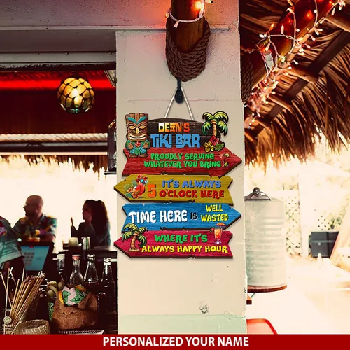 Vista 3 de THUYPT Cartel personalizado con reglas Tiki para bar Tiki, decoración de madera Tiki con patrón Tiki Totem, decoración tropical para playa impresa