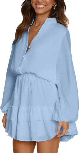 Vista 3 de OPOIPIN Minivestido de manga larga con cuello en V y volantes en capas para mujer