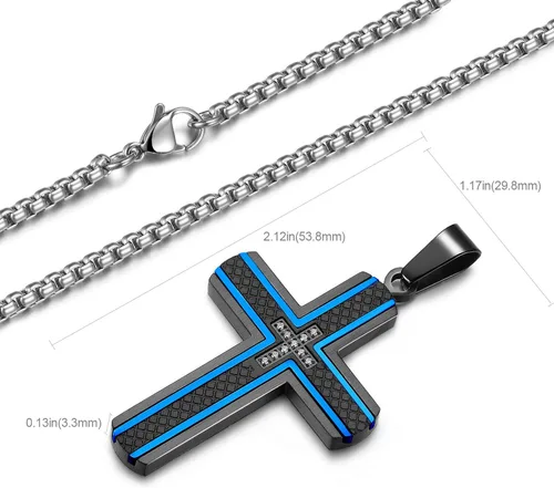 Vista 4 de Holizaly Collar de cruz para hombre, colgante de acero inoxidable 316L, color blanco, dorado, negro, azul, caja de regalo incluida