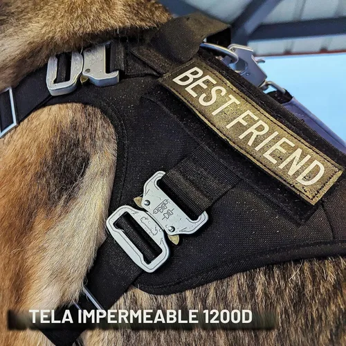 Vista 2 de Arnés táctico para perro con 4 hebillas de metal. Chaleco táctico para perro sin tirones con asa, arnés resistente para perros pequeños, chaleco