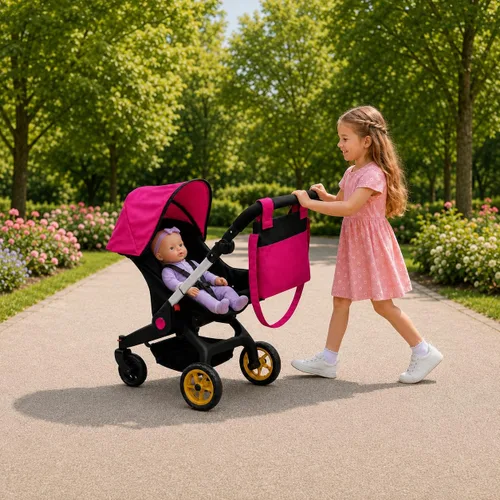 Vista 2 de Cochecito de coche para muñeca bebé – Cochecito convertible 2 en 1 y asiento de coche – Se adapta a muñecas de hasta 20 pulgadas – Asa ajustable