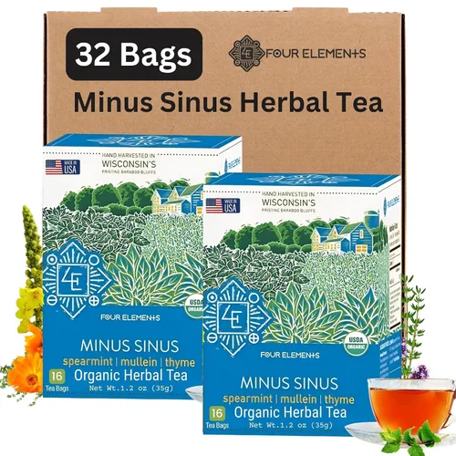 Vista 8 de Four Elements Minus Sinus Tea 16 bolsas (1.2 onzas), menta verde, sin cafeína Té de hierbas de gordolobo, ortiga, flor de saúco, stevia