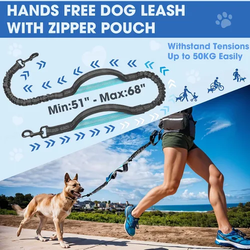 Vista 7 de Correa de perro manos libres con cinturón – Bungee sin tirones, asas acolchadas dobles y bolsa con cremallera para correr, caminar y entrenar – Negro