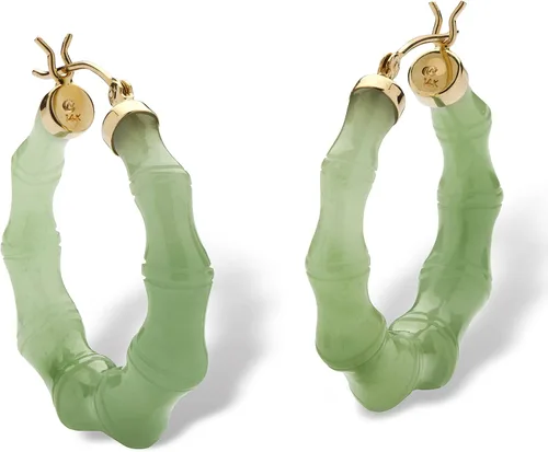 Vista 2 de Aretes de aro redondos de oro amarillo de 14 quilates color verde o negro jade bambú estilo bambú (1.181in), Metal, Jade