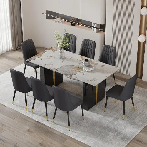 Vista 10 de Mesa de comedor moderna para mesa de comedor de mármol sintético blanco de 6, 8, 71 pulgadas, con patas negras y doradas, mesa de cocina rectangular