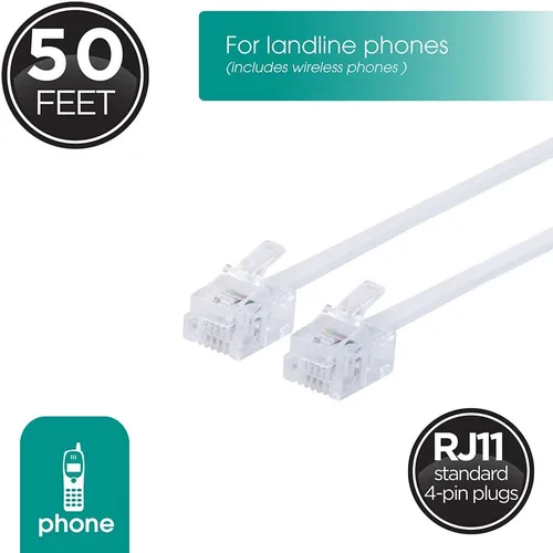 Vista 2 de Power Gear Cable de línea telefónica, 50 pies, cable telefónico ultrafino, extremos modulares, funciona para teléfono, módem o máquina de fax