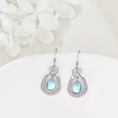 Vista 3 de Aretes de piedra lunar celta para mujer, plata de ley 925, nudo de trinidad, piedra lunar, aretes colgantes con cierre de palanca, regalo de joyería