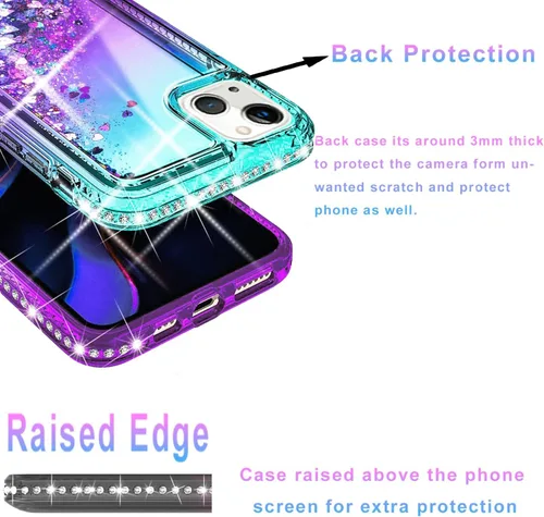 Vista 4 de STARSHOP Funda compatible con iPhone 13, con [protector de pantalla de vidrio templado incluido] Liquid Bling Sparkle Flotante Glitter Quicksand