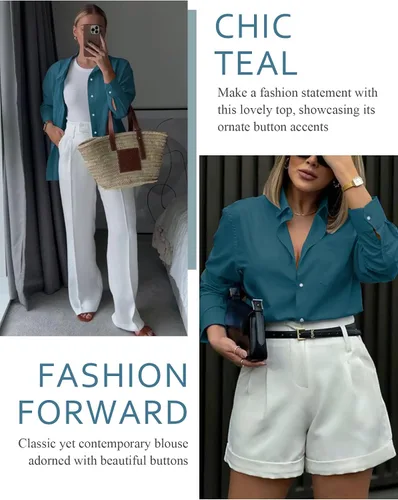 Vista 55 de Odosalii - Camisas con botones para mujer, con cuello en V, manga larga, enrolladas, blusas elegantes y formales para negocios y ocasiones casuales