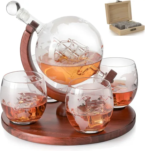 Vista 11 de Decantador del mundo grabado con globo de whisky, juego de regalo de whisky The Wine Savant con avión antiguo, piedras de whisky y 4 vasos de mapa