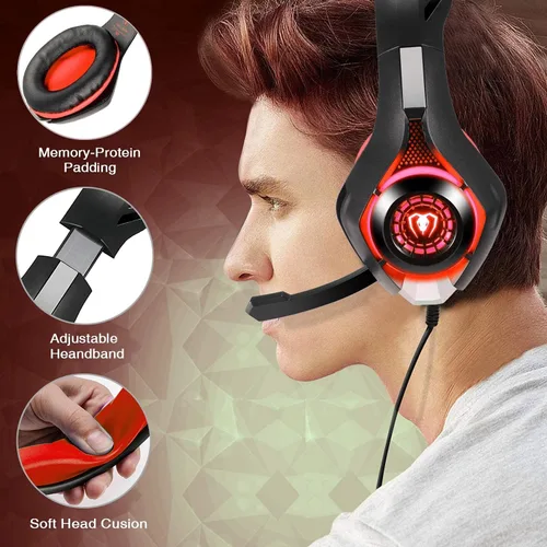 Vista 4 de BlueFire Auriculares con cable para juegos para PS4, PS5, Xbox One, PC, auriculares con sonido envolvente, micrófono con cancelación de ruido, Rojo