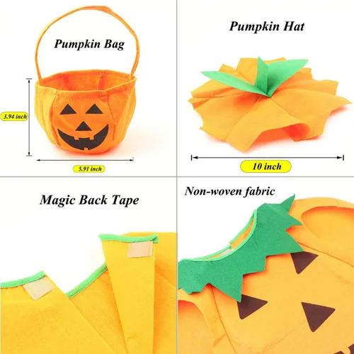 Vista 2 de Disfraz de calabaza para adultos, 3 piezas de Halloween, unisex, ropa de fiesta de disfraces de calabaza con un sombrero, una bolsa