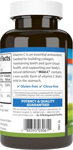 Vista 3 de Carlson - Mild-C, 500 mg, vitamina C tamponada, apoyo inmunológico y bienestar óptimo, antioxidante, 100 cápsulas