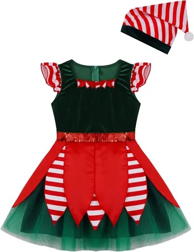 Vista 3 de Disfraz de Navidad con estampado de 2 piezas para niñas, mangas con volantes, lentejuelas, rayas, vestido tutú de malla con sombrero