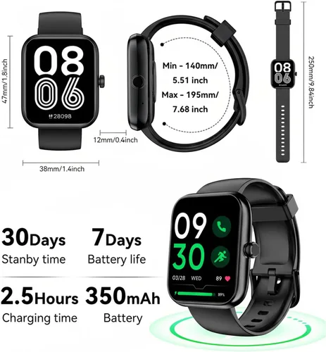Vista 7 de Reloj inteligente con Alexa integrado, llamadas y notificaciones Bluetooth, monitor de salud HD de 1.83 pulgadas, frecuencia cardíaca 24/7 y Negro