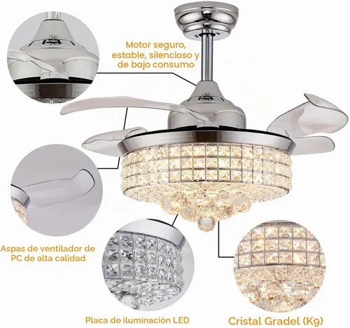 Vista 6 de Ventilador de Techo de Araña de Cristal de 48", Ventilador de Techo de Araña Retráctil Invisible Moderno con Luces, con Control Remoto