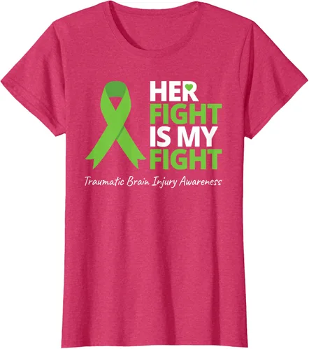 Vista 8 de Camiseta con cinta verde de la conciencia de la TBI, con texto en inglés "Her Fight Is My Fight" Jaspeado Oscuro
