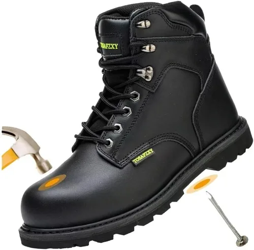 Vista 10 de Botas de seguridad laboral para hombre, de cuero Crazy-Horse duradero, con puntera de acero indestructible, impermeables y antideslizantes, mejor