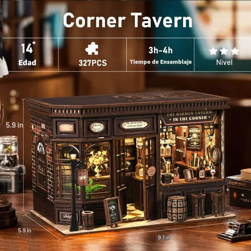 Vista 4 de Kit de rincón de libros, kit de casa de muñecas en miniatura con muebles y luz LED, rompecabezas 3D, sujetalibros de arte de madera, kits