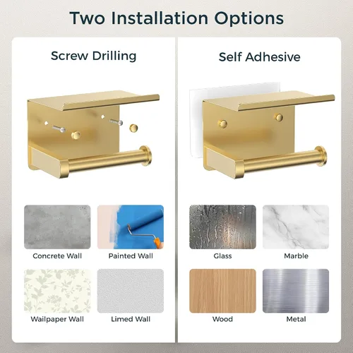 Vista 8 de Portarrollos de papel higiénico con estante, montaje en pared adhesivo o con tornillos, portarrollos de papel higiénico para baño, dispensador