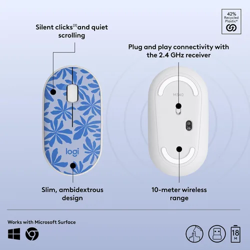 Vista 6 de Logitech Ratón inalámbrico silencioso ambidiestro compacto M340 - Azul