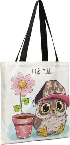 Vista 2 de Bolsa de lona para mujer, bolsas de comestibles reutilizables, bonitas bolsas estéticas para regalos de Navidad, compras y playa (búho lindo)