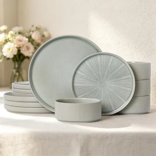 Vista 18 de Stoneware Dinnerware Sets for 4, 12Pcs Plates and Bowls Set, Cream White
