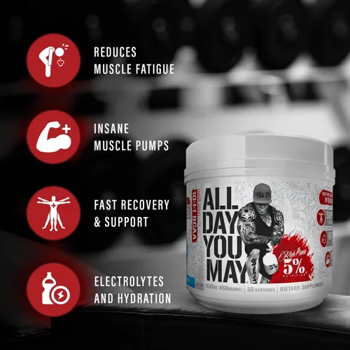 Vista 4 de 5% Nutrition Rich Piana AllDayYouMay BCAA Powder Aminoácidos prémium para intra y después del entrenamiento, EAA, electrolitos Hidratación