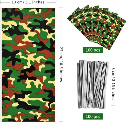 Vista 2 de Lecpeting 100 bolsas de dulces de camuflaje con estampado de camuflaje de celofán, bolsas de dulces de celofán, recuerdos de fiesta del ejército