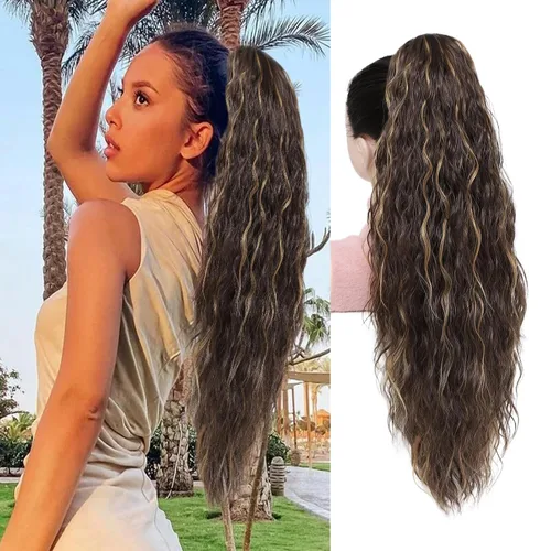 Vista 7 de Extensión de cola de caballo rubio con cordón para mujer, larga y rizada de 26 pulgadas, extensiones de cabello sintético natural, extensiones