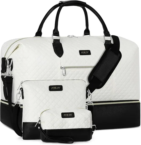 Vista 29 de Bolsa de fin de semana para mujer, bolsa de viaje de nailon, con compartimento para zapatos, tamaño grande 1-beige