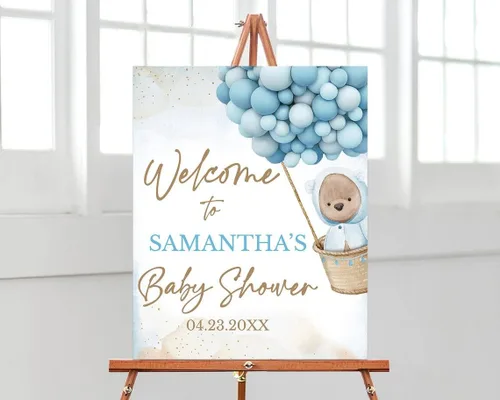 Vista 12 de Globo de aire caliente azul Boho Bear Can Bearly Wait Welcome Sign Decoración, descarga instantánea, letrero de plástico