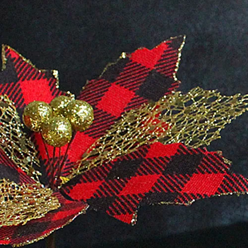 Vista 5 de Artesanía fina floral de Navidad, plástico que no se decolora, color rojo y negro, flor de Navidad para el hogar a cuadros rojos y negros