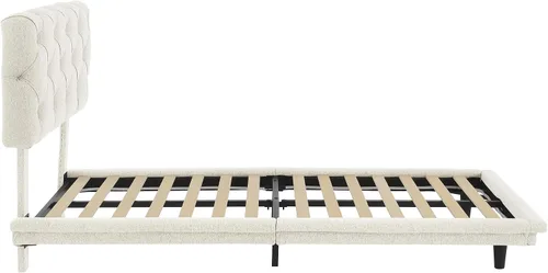 Vista 5 de Cama de plataforma flotante, marco de cama de madera tamaño individual con rayas claras, tela de lino suave y cabecera de diseño capitoné