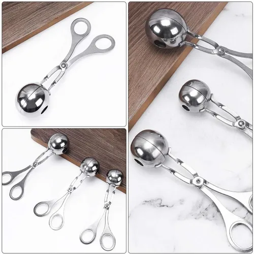 Vista 7 de YARDWE 3 piezas de acero inoxidable carne baller albóndigas fabricante cuchara DIY molde tijera pescado arroz bola clip pinzas hielo cocina cocina