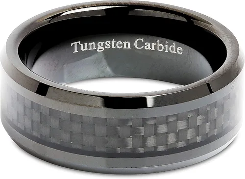 Vista 4 de 100S JEWELRY Anillo de carburo de tungsteno de 0.315in con incrustaciones de fibra de carbono, chapado en negro, talla 6-16, Tungsteno