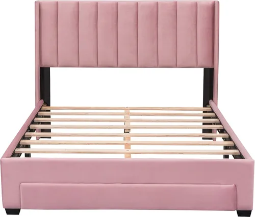 Vista 6 de Merax Moderna cama tapizada con cabecera con respaldo de alas, base de cama con soporte de listones de madera/fácil montaje, tamaño matrimonial