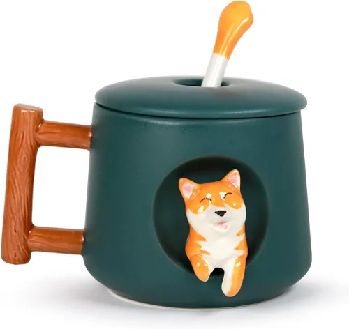 Vista 7 de Lindo perro cerámica taza mango madera diseño con cuchara y tapa (negro)