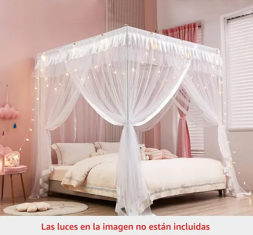 Vista 2 de Mengersi Cortina para Dosel de Cama Princesa, con 4 Esquinas, Dosel con Mosquitero para Cama de Princesa (Blanco, Doble)