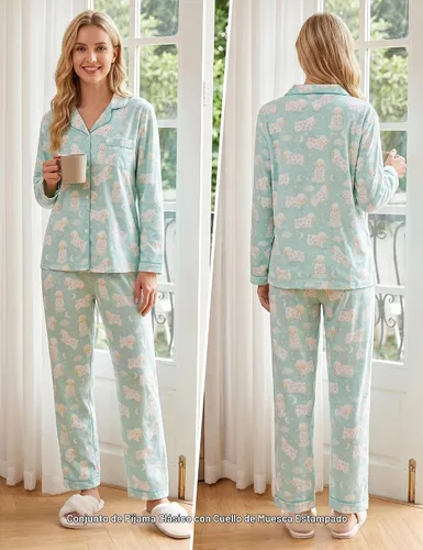Vista 5 de CHUNG Conjunto de pijama de franela para mujer, tops con botones de algodón cepillado, pantalones S-XL, ropa de dormir, ropa de descanso, acogedora