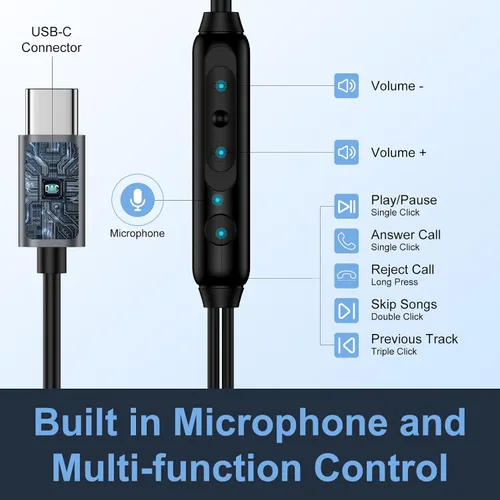 Vista 2 de Auriculares USB C con cable para Samsung Galaxy S26 Ultra/S25/S24 Fe, auriculares con micrófono integrado y control de volumen para iPhone