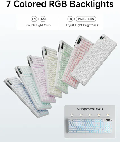 Vista 5 de Combo de teclado y mouse con cable C98, teclados de computadora con cable con palma de muñeca, teclas de doble disparo, teclado silencioso con Blanco