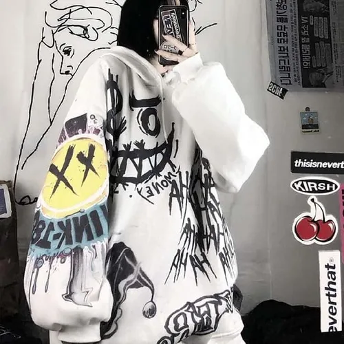 Vista 6 de Y2K Sudadera con capucha Cyber Grunge Alt, ropa de graffiti, sudadera con cremallera Emo Harajuku de gran tamaño, sudadera con capucha Acubi Goth