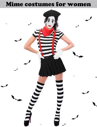 Vista 5 de Tisancy 7 piezas de disfraz de artista Mime para mujer, incluye falda tutú, camiseta a rayas, boina, tirantes, bufanda, guantes, calcetines