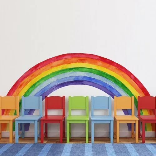 Vista 4 de Calcomanías de pared de arcoíris grandes de acuarela de 70.8 x 33.9 pulgadas, calcomanías de pared de vinilo arcoíris con raspador para niñas