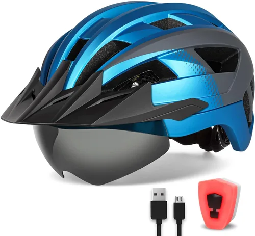 Vista 11 de Casco de bicicleta para adultos con visera y gafas para hombres y mujeres, casco de bicicleta de montaña y carretera, casco de ciclismo con luz